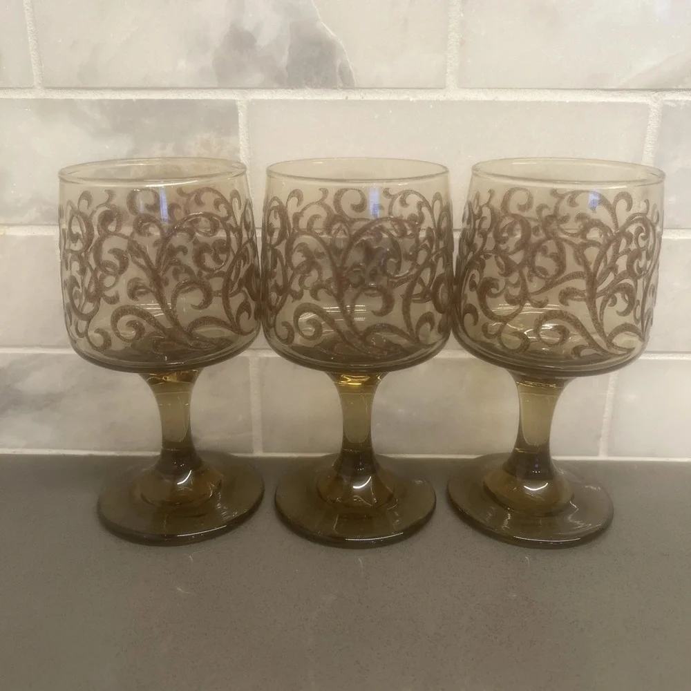 3-VTG '70s Libbey Prado Moriage Scroll Wine Goblets Brown Tawny Smoked Glass